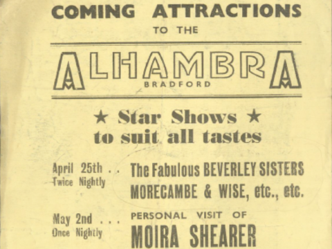An old flyer for the Alhambra theatre in 1955 with information on acts such as Morecambe and Wise.